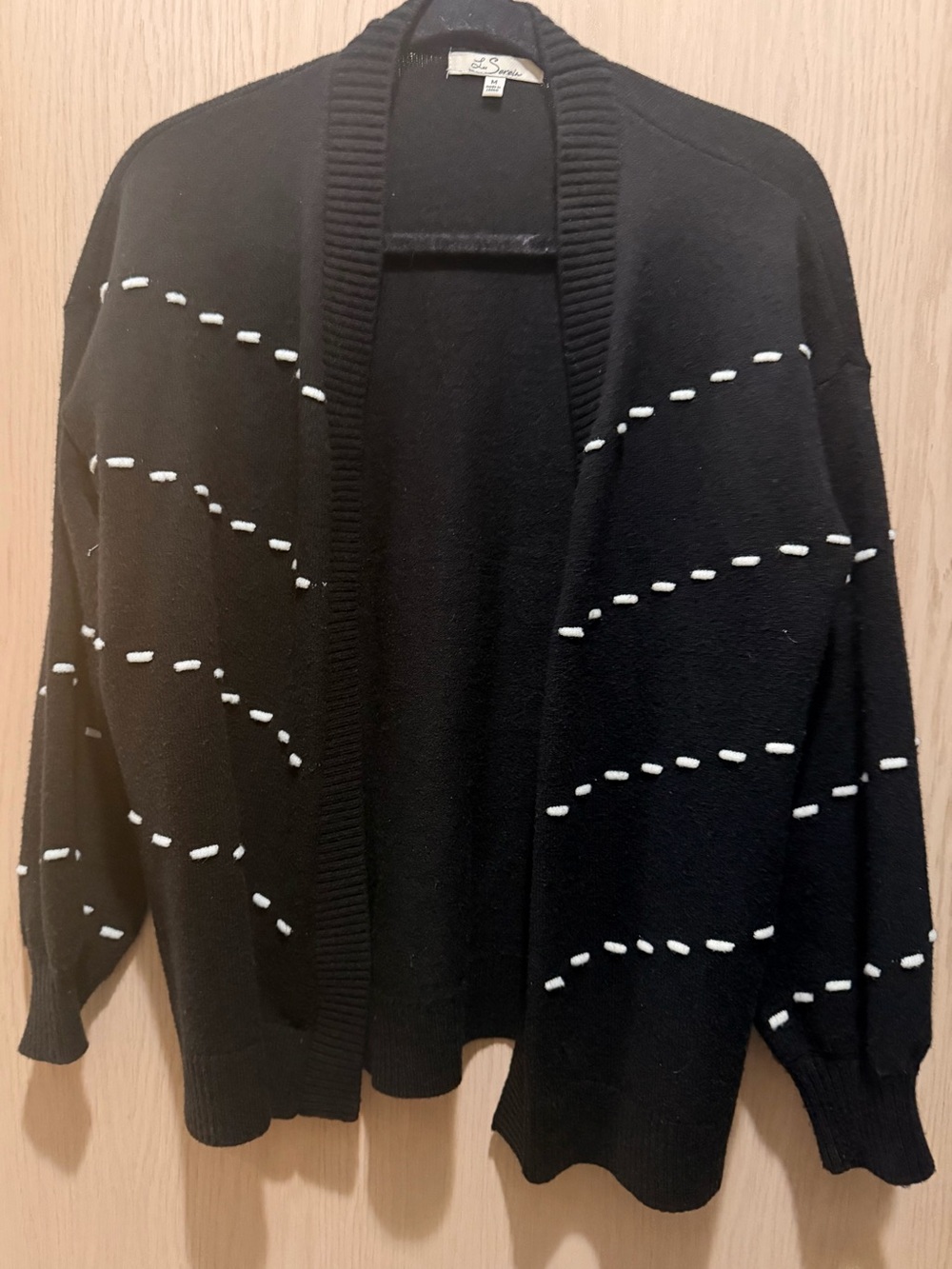 Les Serein Petunia Cardigan M Black White Stitch Open Front